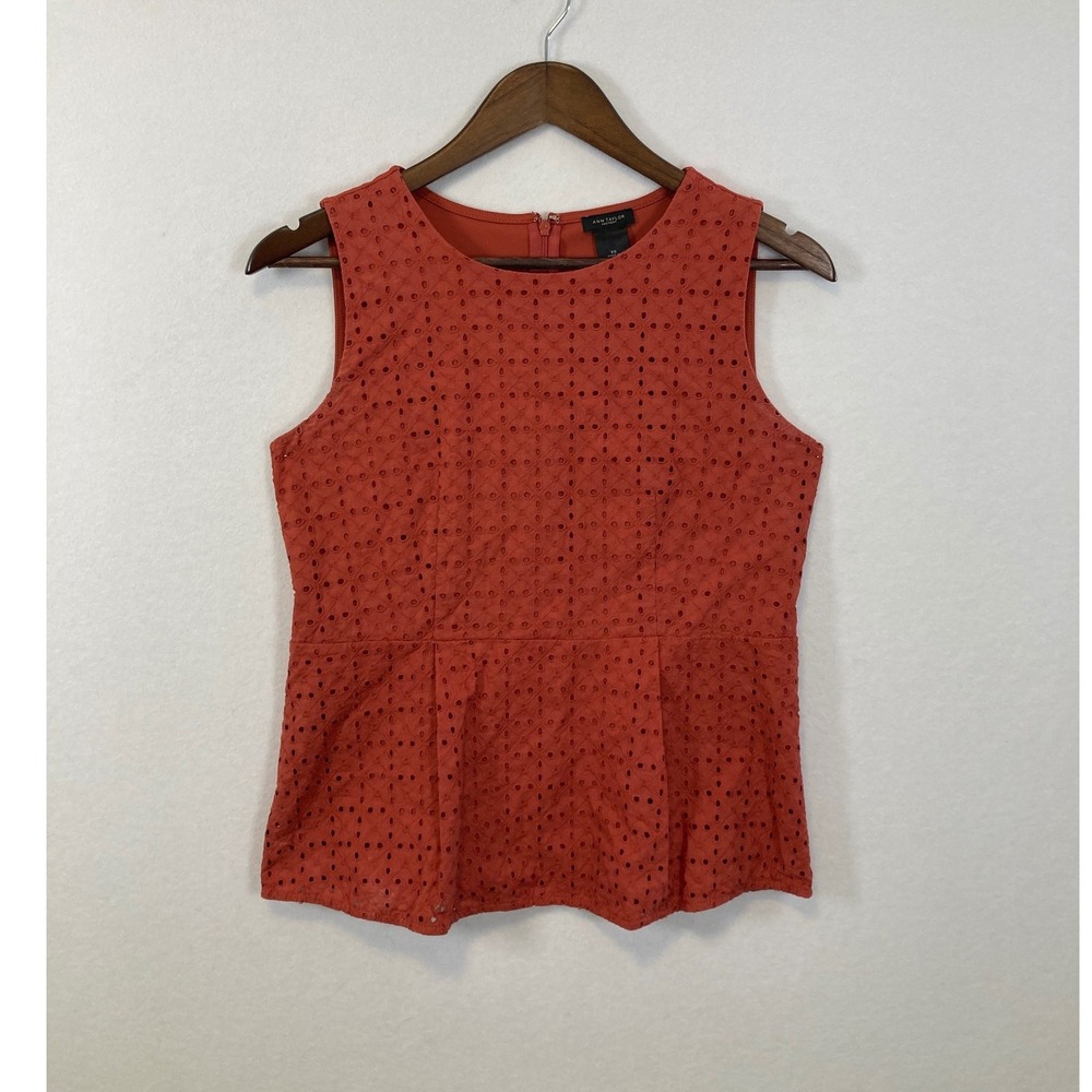 Ann Taylor Factory Orange Eyelet Peplum Top‎ Womens Size XS Sleeveless Zipper
